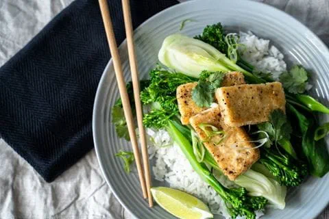 recipe image Crispy Salt and Pepper Tofu with Stir-Fried Greens