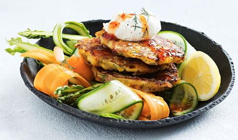 recipe image Corn and pancetta fritters with vegie ribbon salad