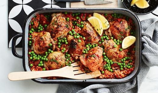 recipe image Spanish baked chicken with chorizo rice
